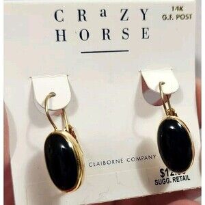 Liz Claiborne Crazy Horse Pierced Earrings Gold Tone, Black Dangle 14K GF NEW